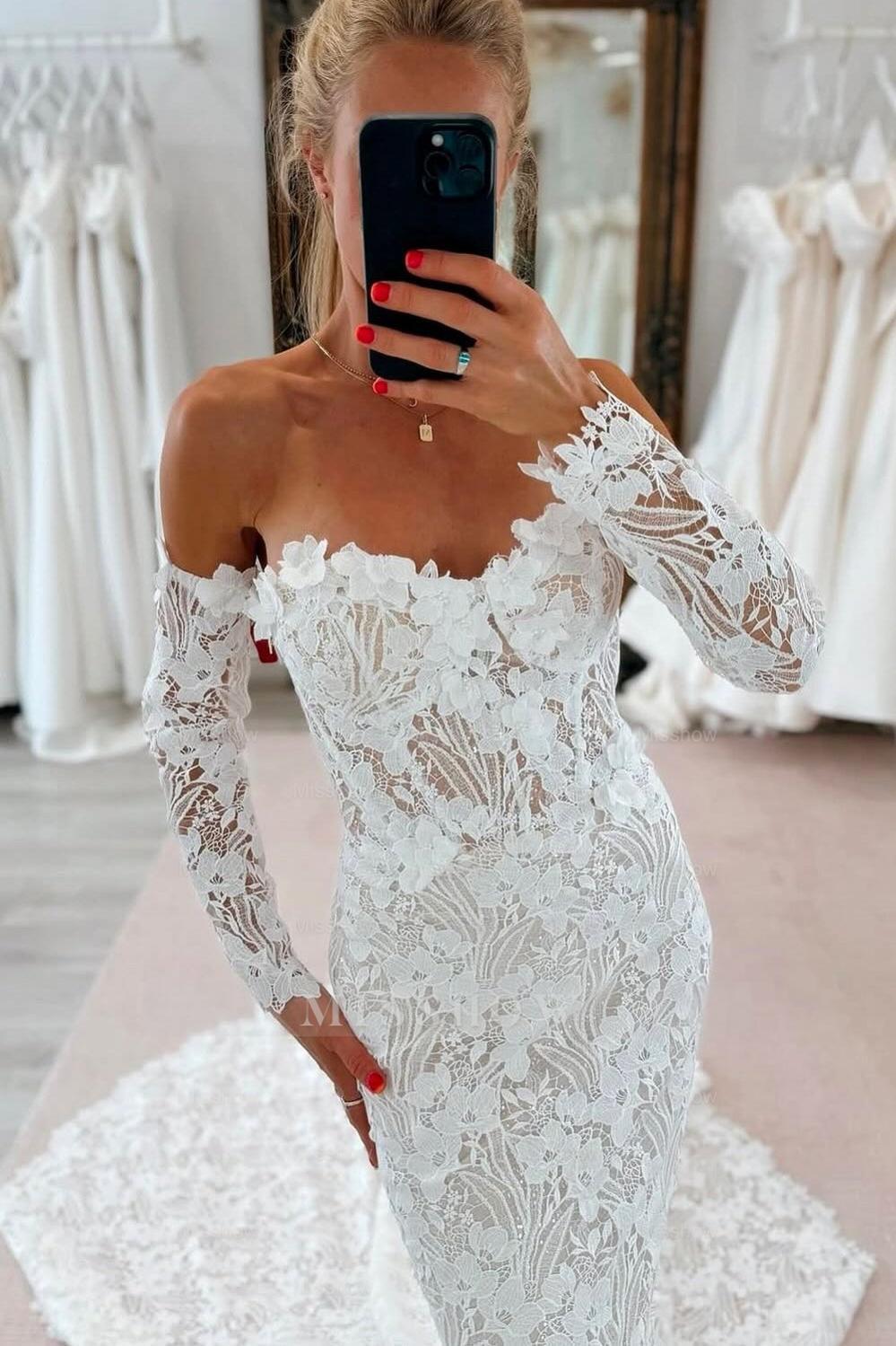 Charming White Lace Mermaid Sweetheart Off-The-Shoulder Long Sleeves Cathedral Train Wedding Dresses