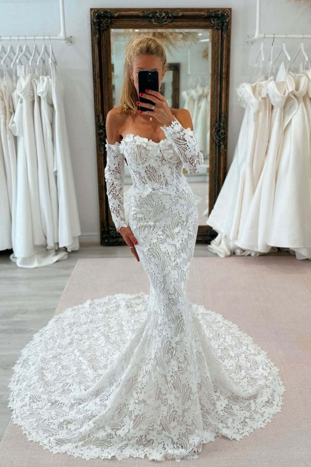 Charming White Lace Mermaid Sweetheart Off-The-Shoulder Long Sleeves Cathedral Train Wedding Dresses
