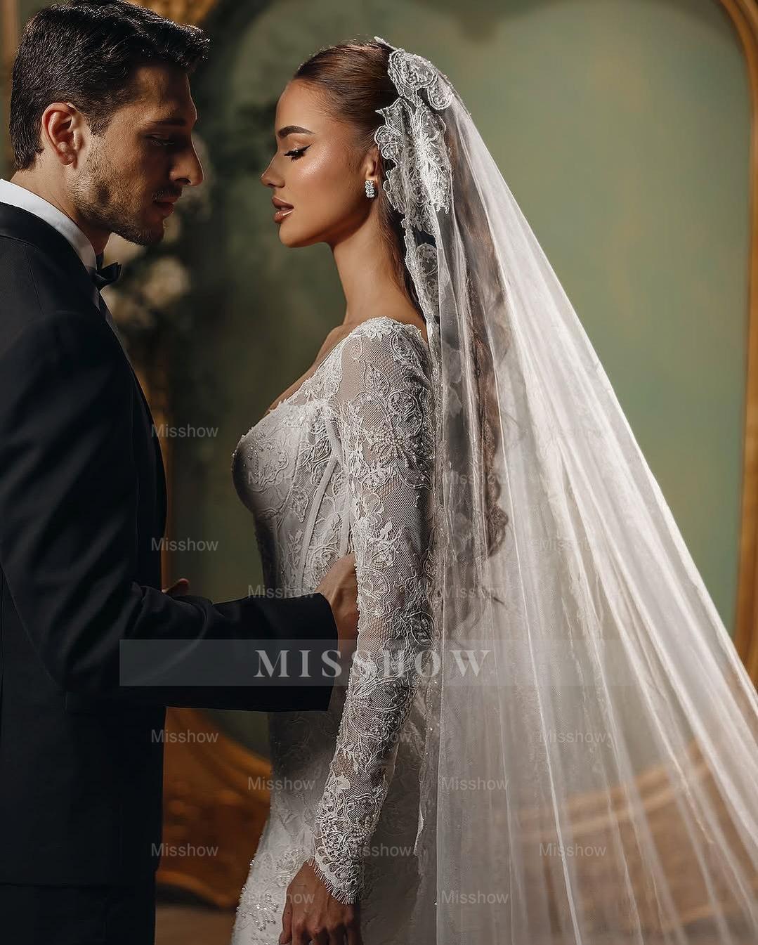 Charming White Mermaid V-Neck Long Sleeves Beaded Sweep Train Lace Wedding Dresses