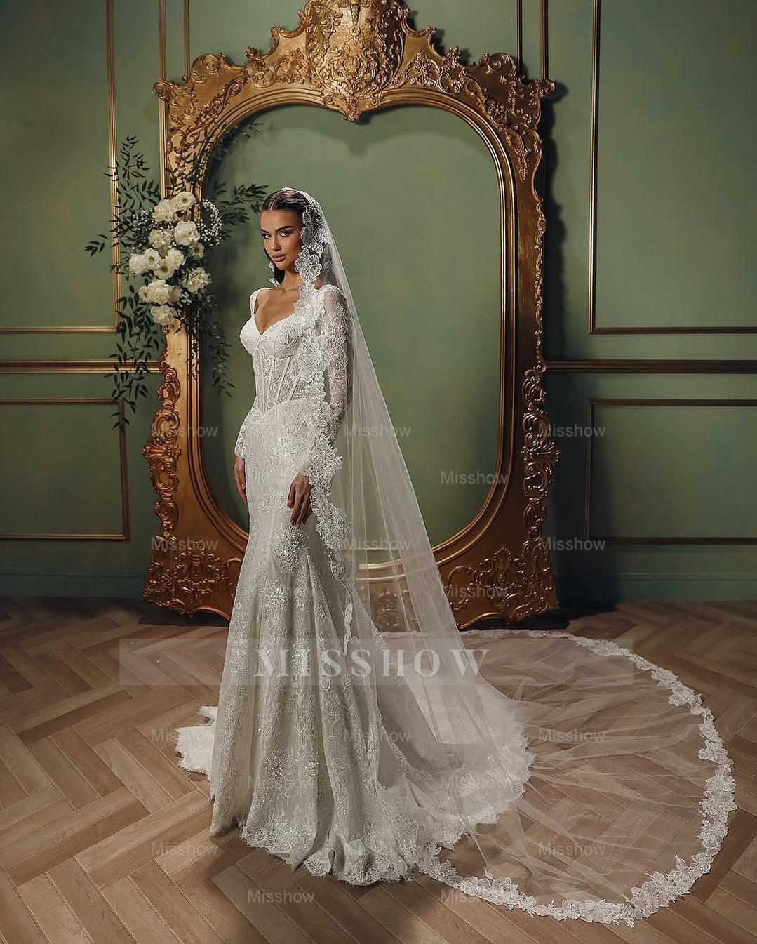 Charming White Mermaid V-Neck Long Sleeves Beaded Sweep Train Lace Wedding Dresses