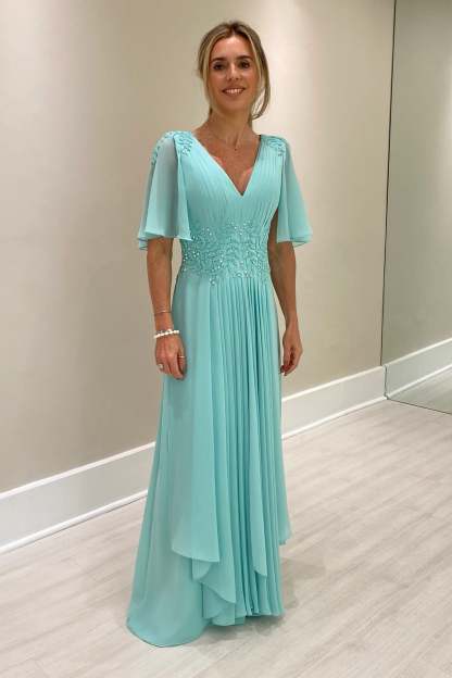 Chic A-Line V-Neck Chiffon Beaded Long Bridesmaid Dresses With Cap Sleeves
