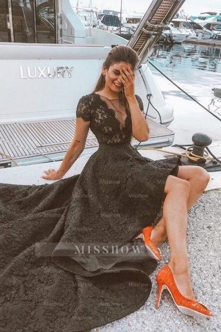 Chic Black A-Line Crew Lace Sleeveless Hi-Lo Floor-Length Evening Dresses