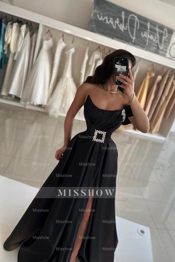 Chic Black A-line Strapless Sleeveless Front Split Long Satin Simple Evening Dresses with Sash