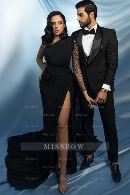 Chic Black Mermaid One-Shoulder Beaded Cap Sleeve Long Satin Evening Dresses With Slit