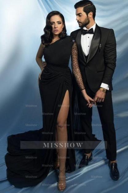 Chic Black Mermaid One-Shoulder Beaded Cap Sleeve Long Satin Evening Dresses With Slit