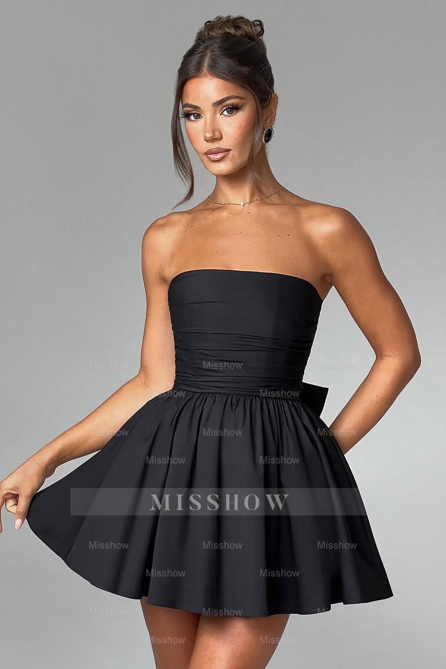 Chic Black Strapless Sleeveless A Line Short Formal Dress With Bowknot