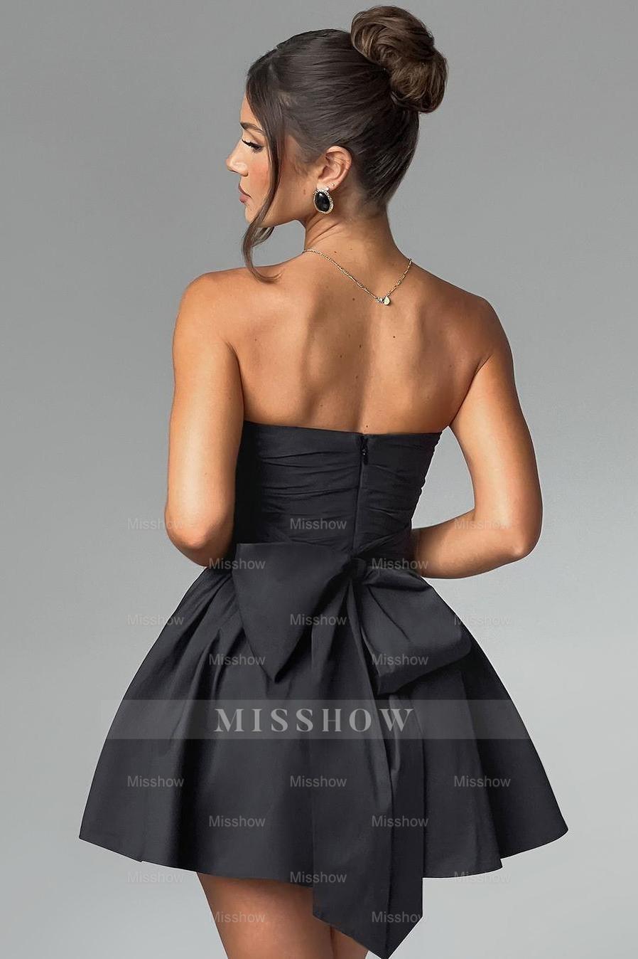 Chic Black Strapless Sleeveless A Line Short Formal Dress With Bowknot