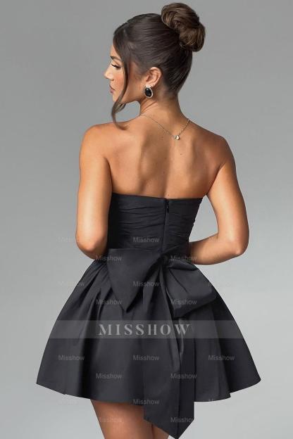 Chic Black Strapless Sleeveless A Line Short Formal Dress With Bowknot