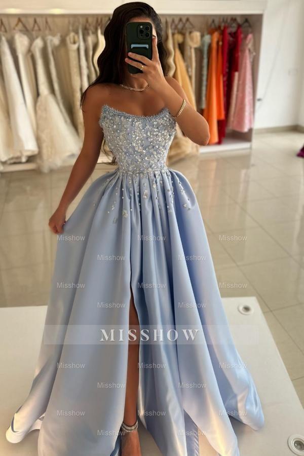 Chic Blue A-line Strapless Sleeveless Sequined Beaded Front Split Long Satin Evening Dresses with Rhinestones And Pearls