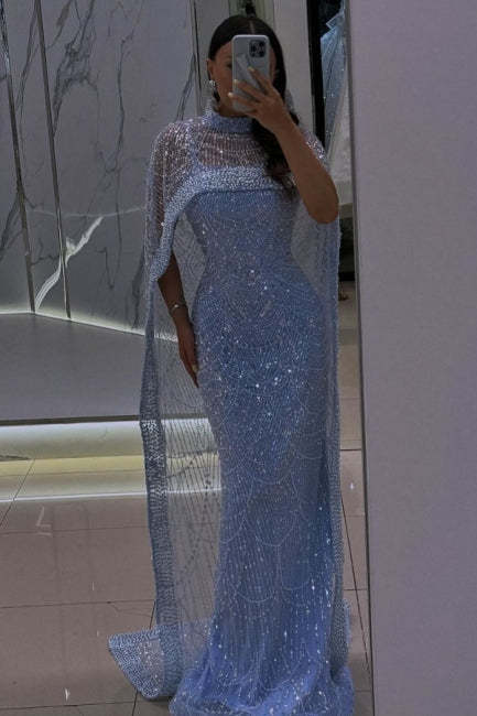 Chic Blue Mermaid Spaghetti Strap Sequined Sleeveless Tulle Evening Dresses With Cloak