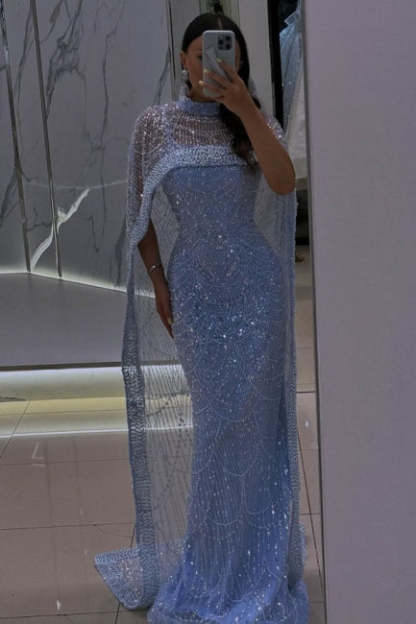 Chic Blue Mermaid Spaghetti Strap Sequined Sleeveless Tulle Evening Dresses With Cloak