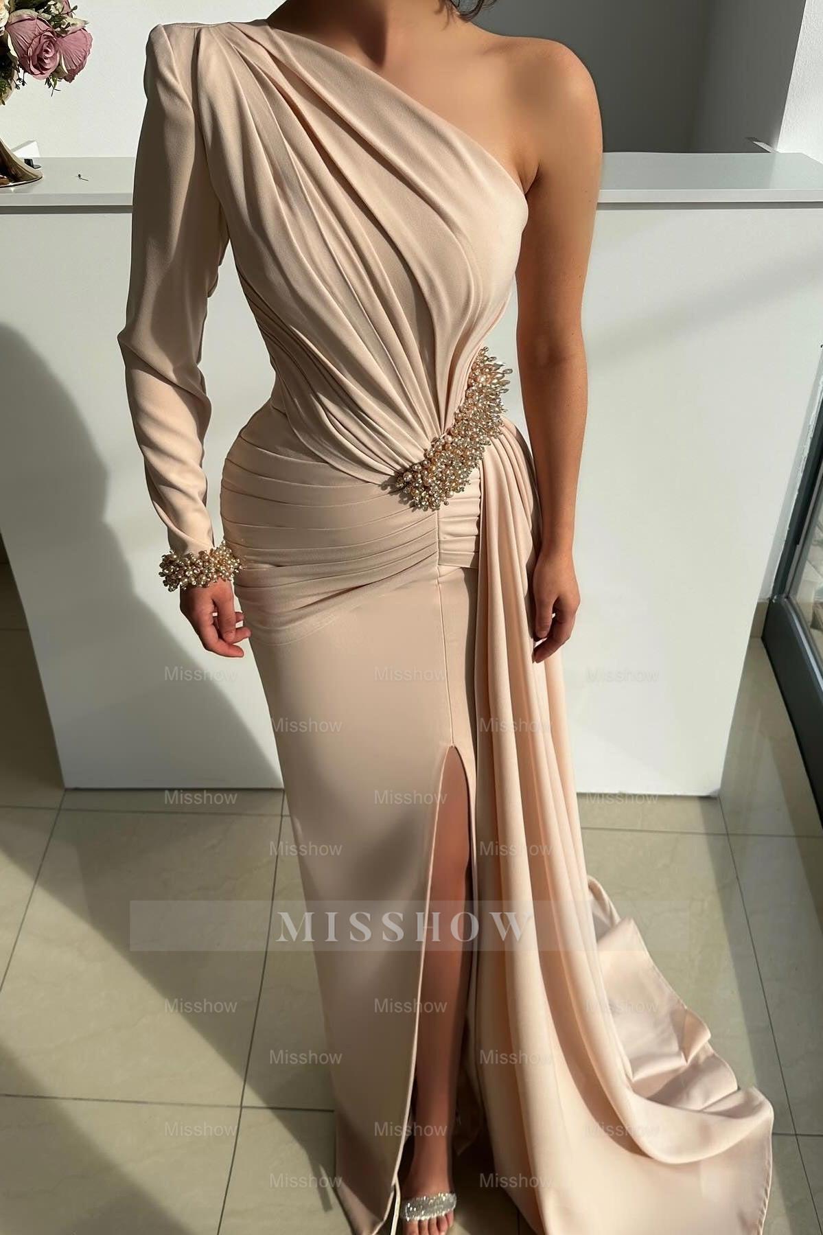 Chic Champagne Column One-Shoulder Beaded Long Sleeve Ruffle Panel Train Satin Evening Dresses With Slit
