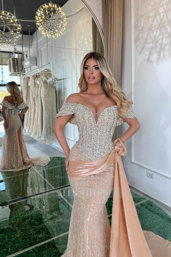 Chic Champagne Mermaid Sweetheart Off-The-Shoulder Sleeveless Sequined Panel Train Long Tulle Evening Dresses With Rhinestones