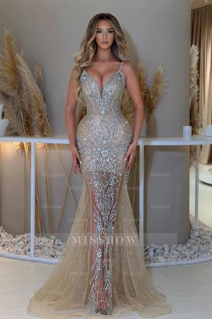 Chic Champagne Mermaid V-Neck Spaghetti Strap Sleeveless Sequined Long Tulle Prom Dresses With Rhinestone