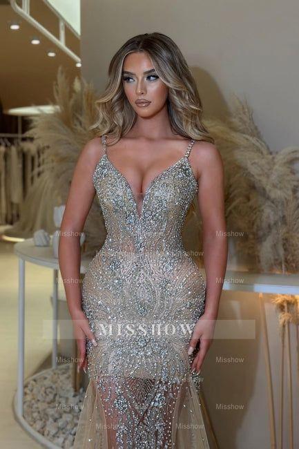 Chic Champagne Mermaid V-Neck Spaghetti Strap Sleeveless Sequined Long Tulle Prom Dresses With Rhinestone