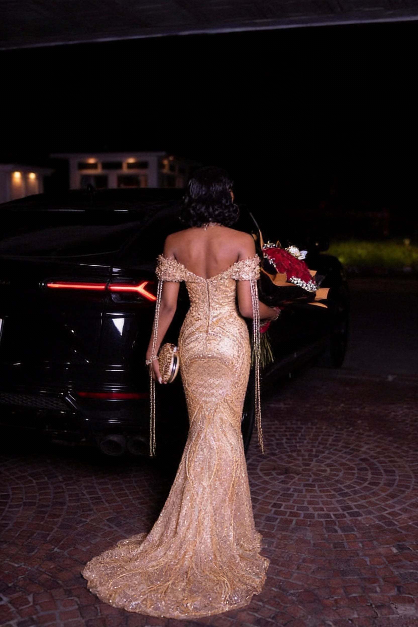 Chic Champagne Off-The-Shoulder Sleeveless Mermaid Prom Dress with Rhinestones and Beadings