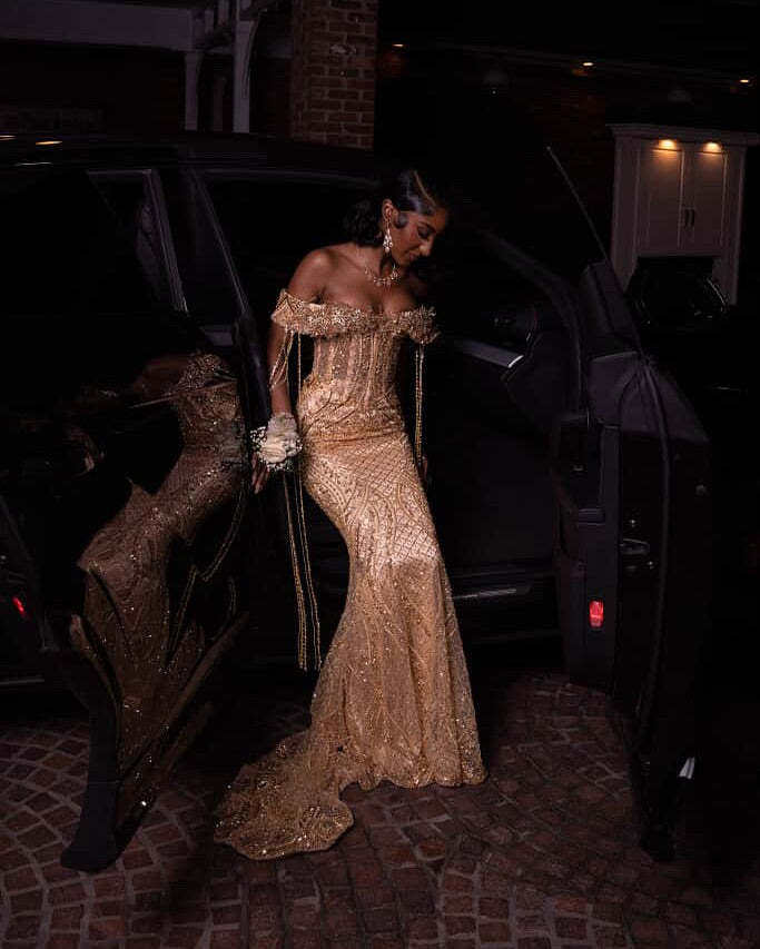 Chic Champagne Off-The-Shoulder Sleeveless Mermaid Prom Dress with Rhinestones and Beadings