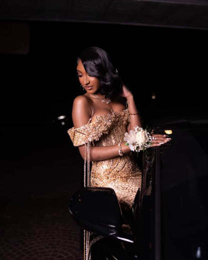 Chic Champagne Off-The-Shoulder Sleeveless Mermaid Prom Dress with Rhinestones and Beadings