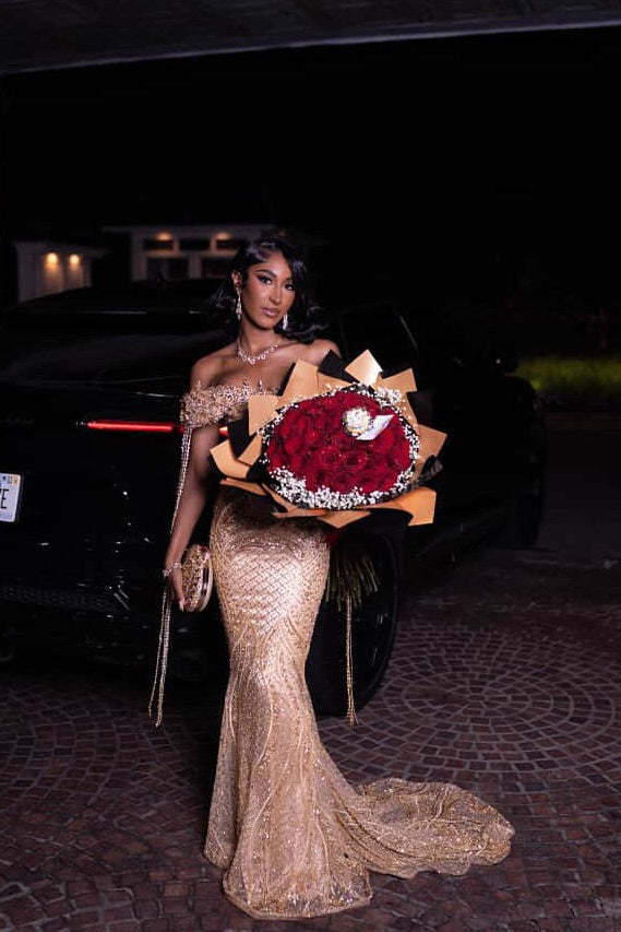 Chic Champagne Off-The-Shoulder Sleeveless Mermaid Prom Dress with Rhinestones and Beadings