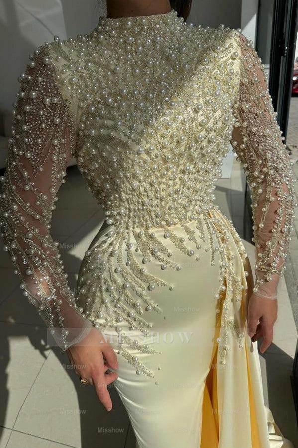 Chic Daffodil High-Neck Long Sleeves Mermaid Formal Dress with Beads and Panel Train