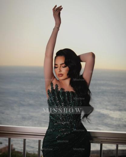 Chic Dark Green Mermaid Strapless Beaded Sleeveless Long Evening Dresses Front Split With Rhinestones