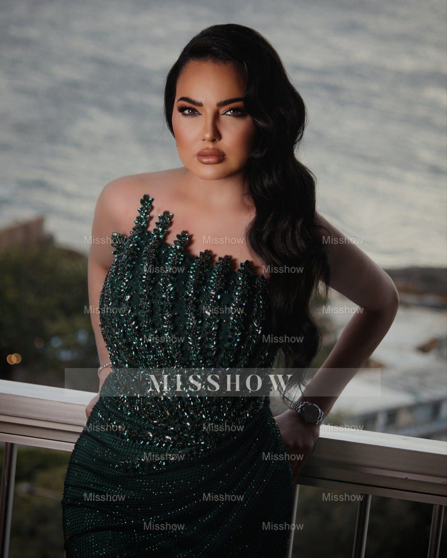 Chic Dark Green Mermaid Strapless Beaded Sleeveless Long Evening Dresses Front Split With Rhinestones