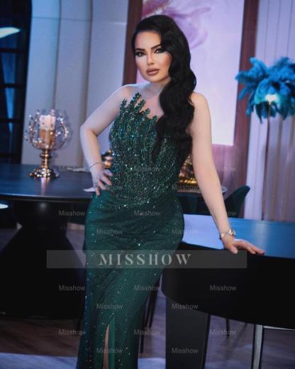 Chic Dark Green Mermaid Strapless Beaded Sleeveless Long Evening Dresses Front Split With Rhinestones