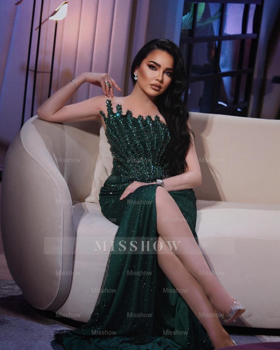 Chic Dark Green Mermaid Strapless Beaded Sleeveless Long Evening Dresses Front Split With Rhinestones