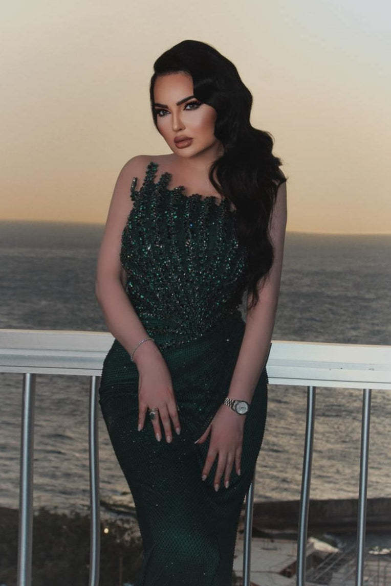 Chic Dark Green Mermaid Strapless Beaded Sleeveless Long Evening Dresses Front Split With Rhinestones