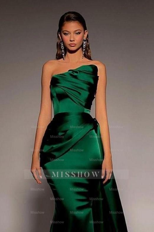 Chic Dark Green Strapless Sleeveless Mermaid Long Formal Dress With Pleated