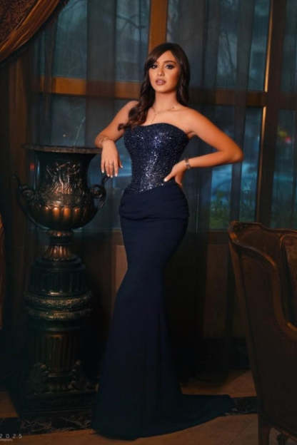 Chic Dark Navy Mermaid Strapless Sleeveless Sequined Sweep Train Satin Prom Dresses