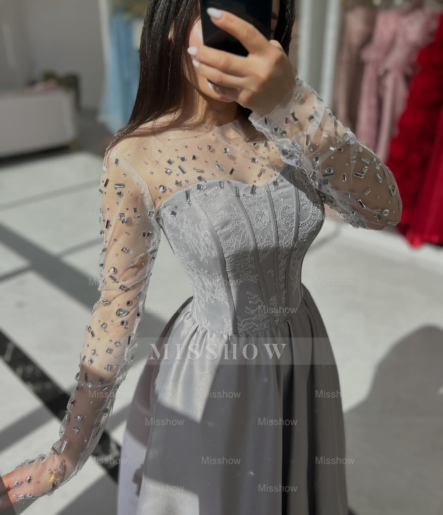 Chic Dusty Blue Long A-Line Sweetheart Long-Sleeve Formal Dress with Rhinestones and Ruffles