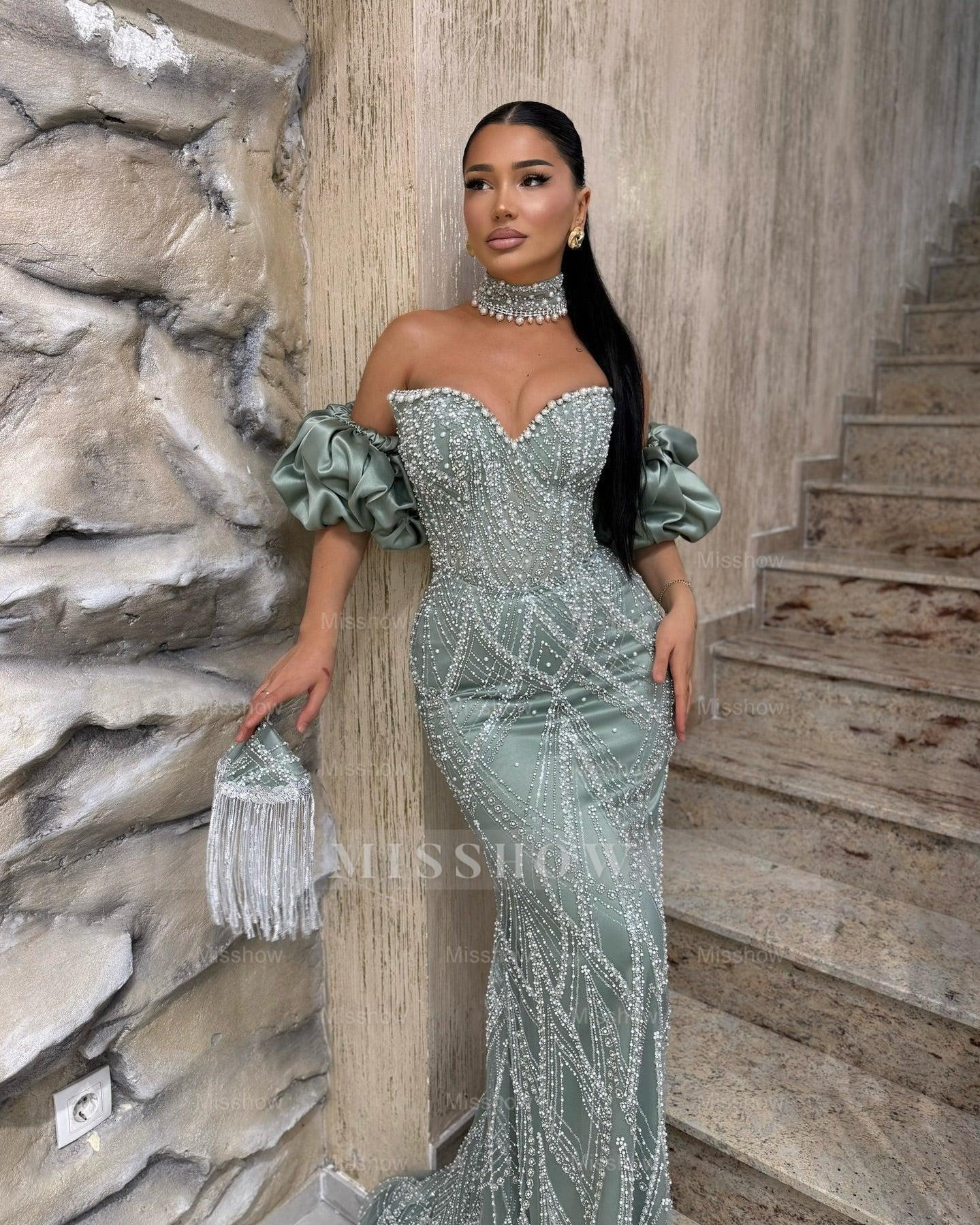 Chic Dusty Sage Mermaid Sweetheart Sleeveless Beaded Long Prom Dress With Rhinestones