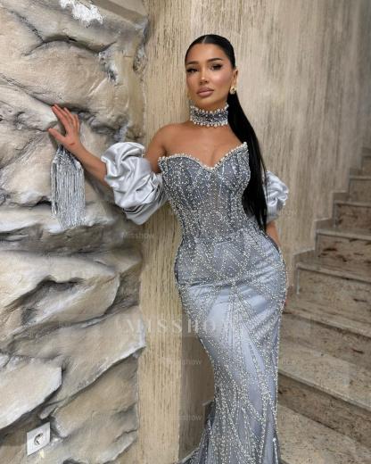 Chic Dusty Sage Mermaid Sweetheart Sleeveless Beaded Long Prom Dress With Rhinestones