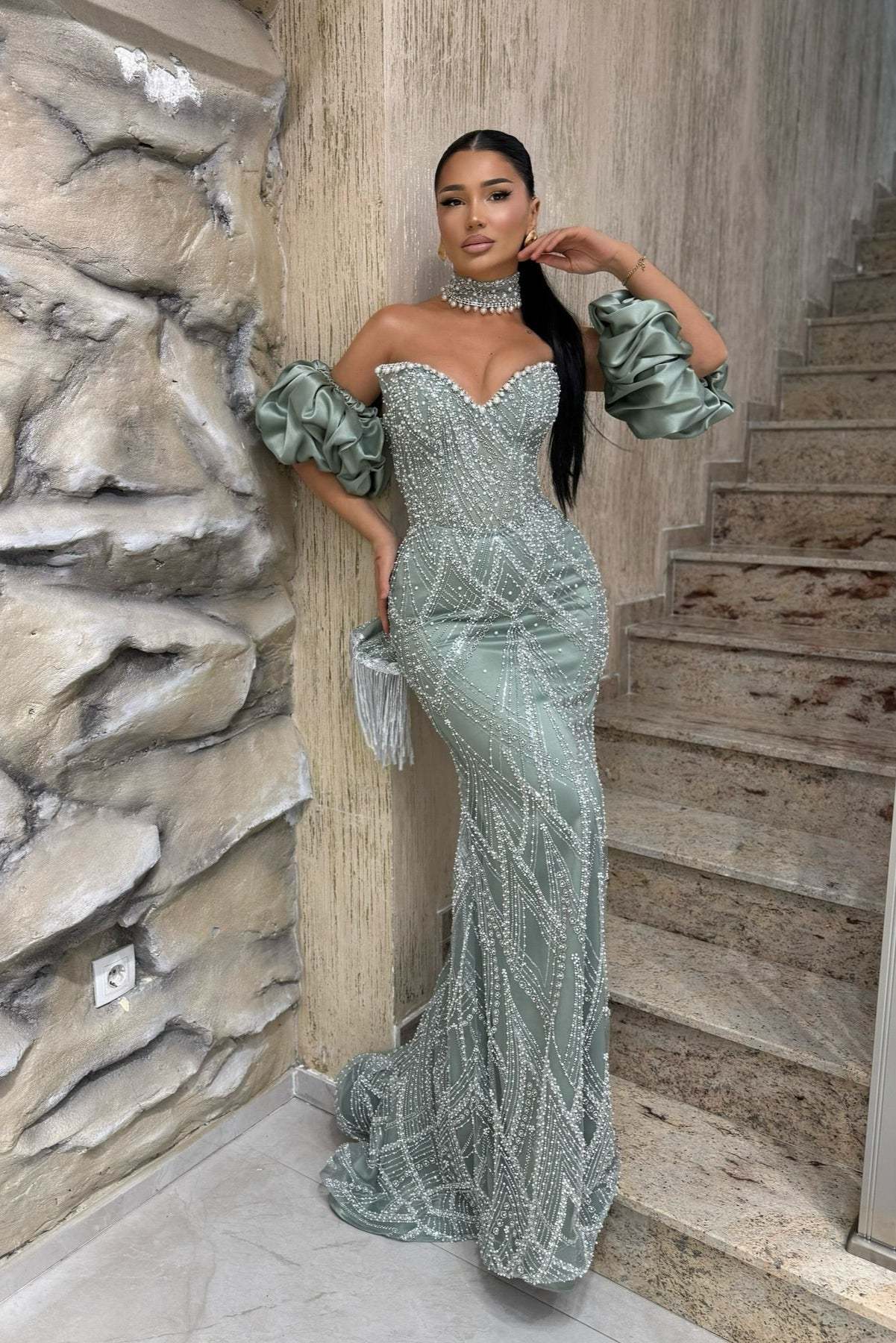 Chic Dusty Sage Mermaid Sweetheart Sleeveless Beaded Long Prom Dress With Rhinestones