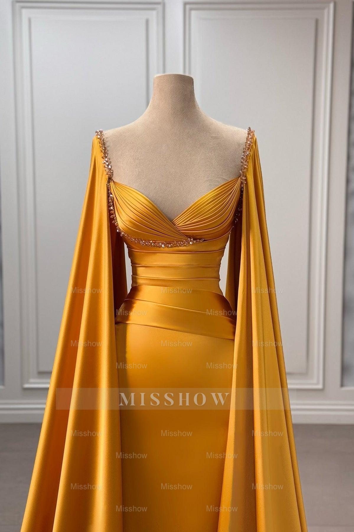 Chic Gold Column V-Neck Cap Sleeves Ruffles Beaded Sweep Train Satin Evening Dresses