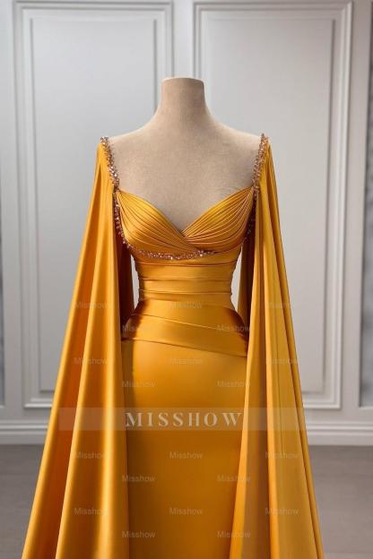 Chic Gold Column V-Neck Cap Sleeves Ruffles Beaded Sweep Train Satin Evening Dresses