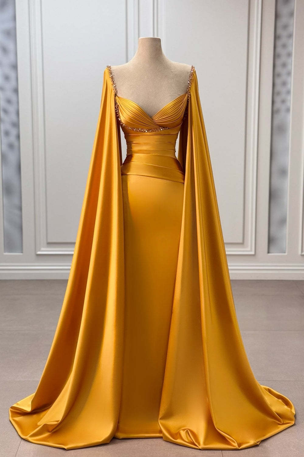 Chic Gold Column V-Neck Cap Sleeves Ruffles Beaded Sweep Train Satin Evening Dresses