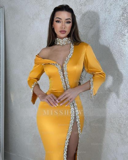 Chic Gold Mermaid High-Neck One-Shoulder 3/4 Sleeves Beaded Split Satin Formal Dress With Rhinestones