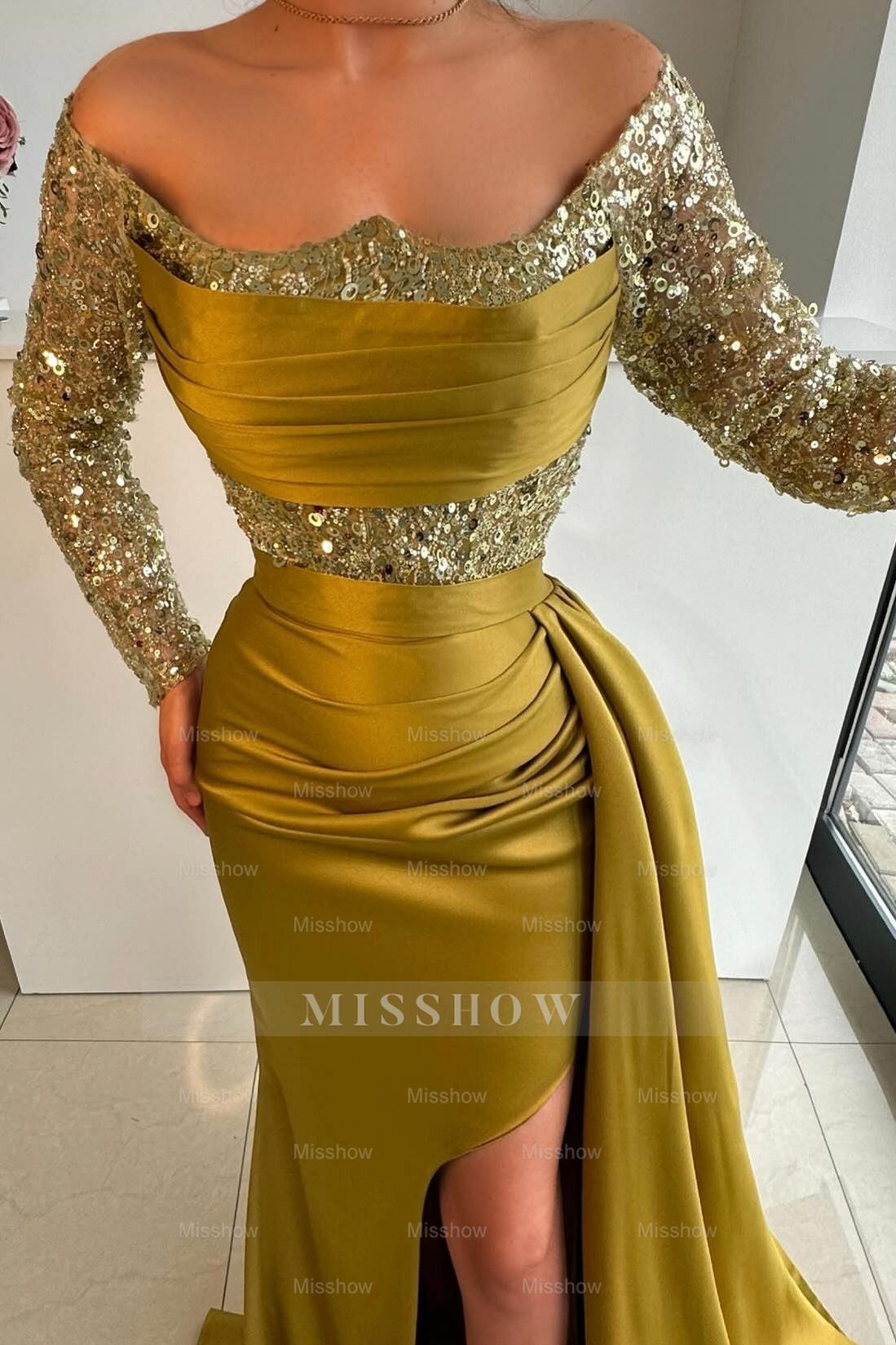 Chic Gold Mermaid Strapless Off-The-Shoulder Sequined Long Sleeves Ruffle Panel Train Satin Prom Dresses