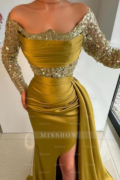 Chic Gold Mermaid Strapless Off-The-Shoulder Sequined Long Sleeves Ruffle Panel Train Satin Prom Dresses