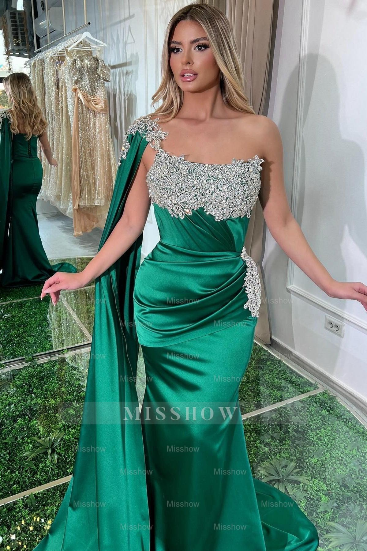 Chic Green Mermaid Strapless One-Shoulder Beaded Cap Sleeve Ruffle Long Satin Prom Dresses With Appliques