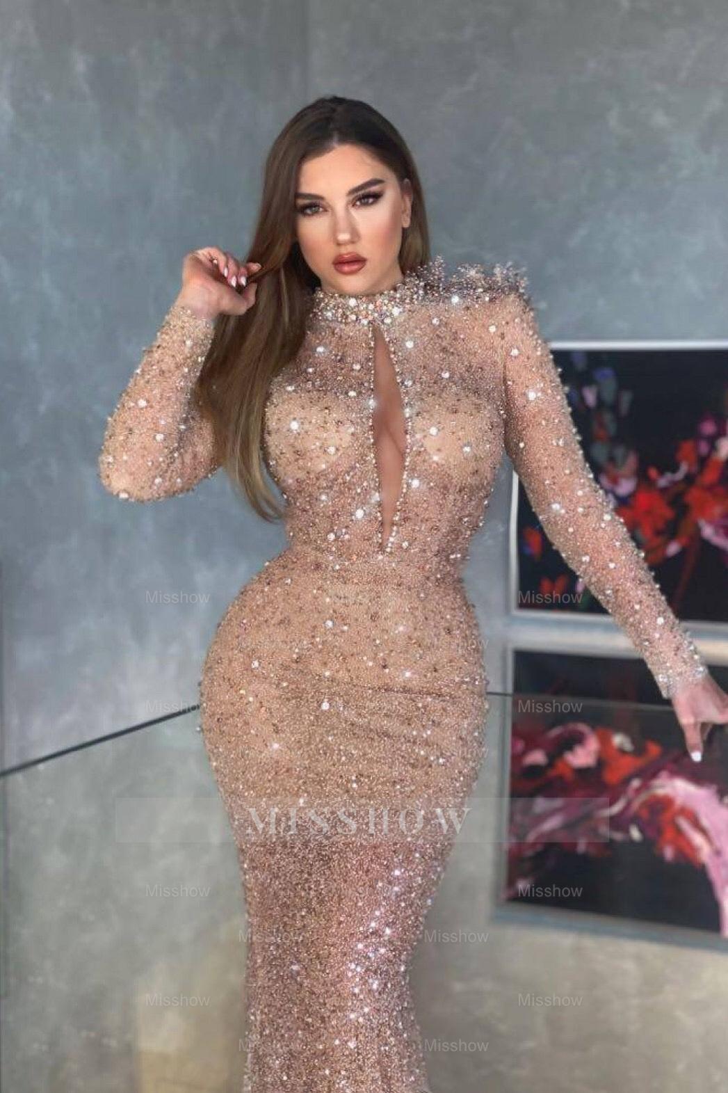 Chic High Neck Mermaid Long Sleeves Sequins Long Formal Dress With Pleated