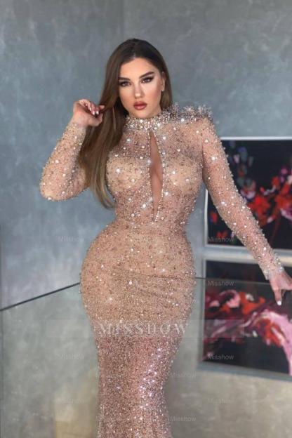Chic High Neck Mermaid Long Sleeves Sequins Long Formal Dress With Pleated
