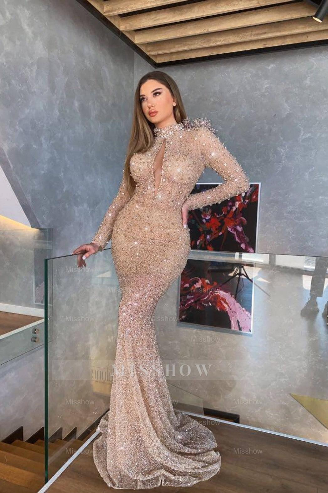 Chic High Neck Mermaid Long Sleeves Sequins Long Formal Dress With Pleated