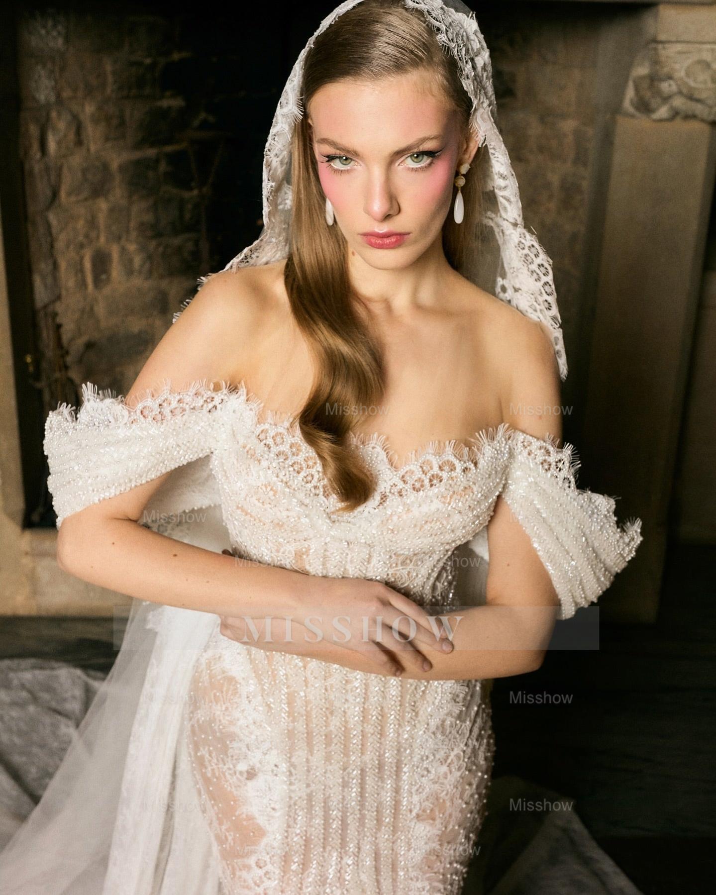 Chic Ivory Column Strapless Lace Off-The-Shoulder Beaded Sleeveless Wedding Dress With Slit