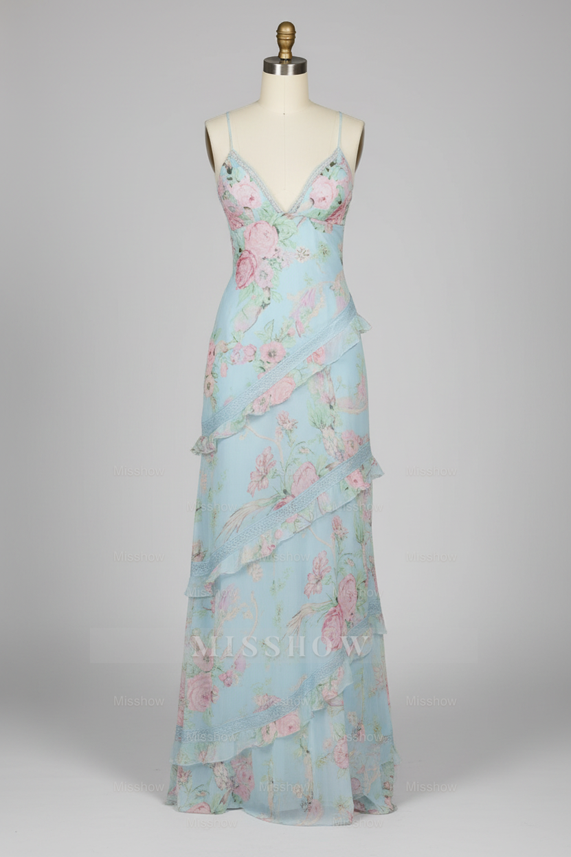 Chic Light Blue Floral Print Tiered Ruffle Prom Dress with Deep V-Neck