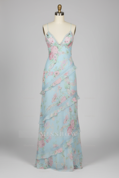 Chic Light Blue Floral Print Tiered Ruffle Prom Dress with Deep V-Neck