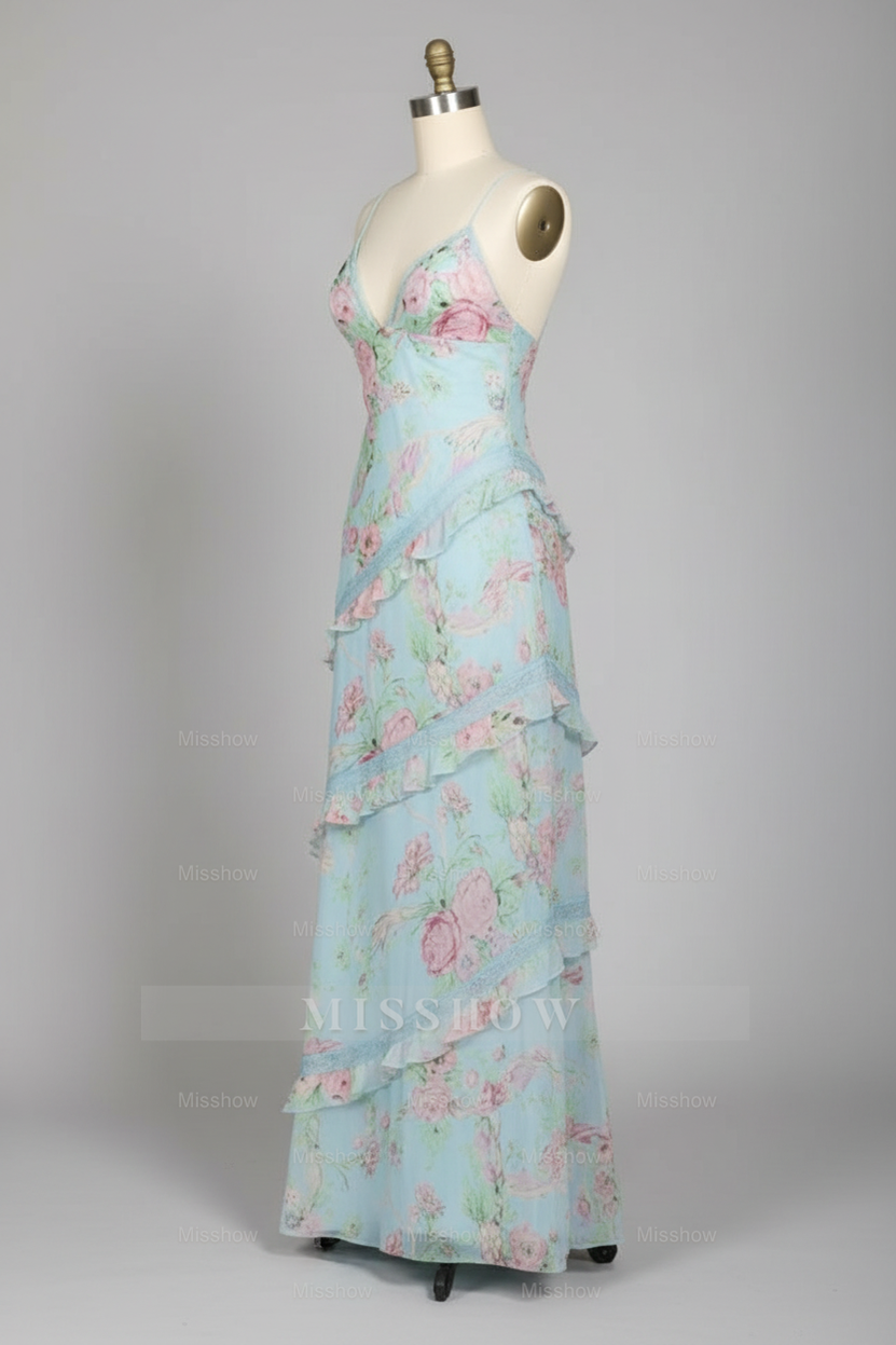 Chic Light Blue Floral Print Tiered Ruffle Prom Dress with Deep V-Neck