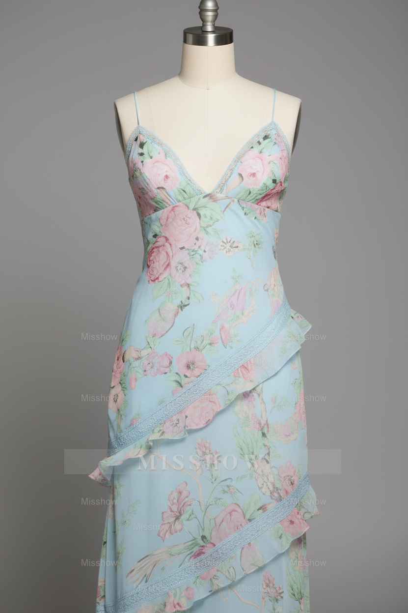 Chic Light Blue Floral Print Tiered Ruffle Prom Dress with Deep V-Neck